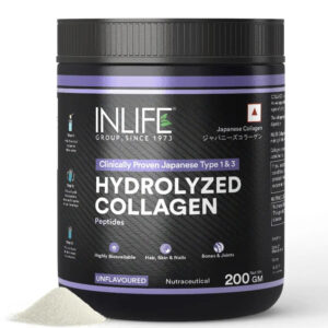 Inlife Hydrolysed Japanese Collagen Peptides Powder Clinically Proven Ingredient, Type 1 & 3, Unflavoured, 200g