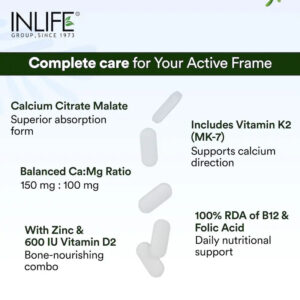 Inlife Bone Support Formula | 60 & 120 Vegetarian tablets | Calcium Citrate Malate, Magnesium, Zinc, Folic Acid, Vitamin D2, K2 & B12| Supports Bone & Nutritional Health - Image 4